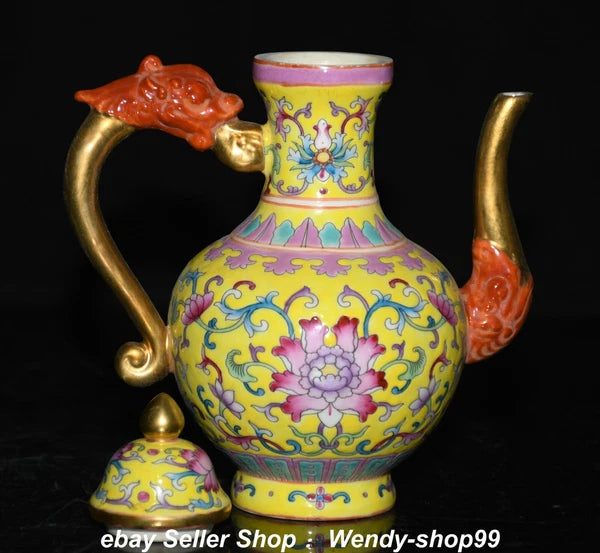 7" Qianlong Enamel Color Porcelain Gilt Dragon Beast Flower Wine Pot Teapot