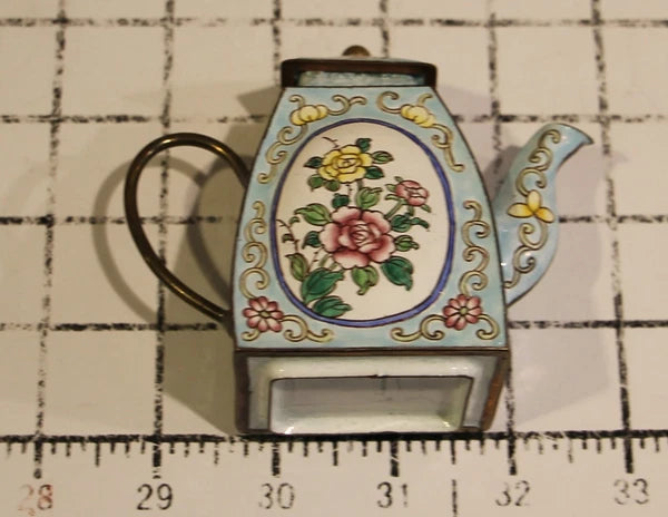 Enamel on Copper Miniature Teapot White & Blue Floral Petite abt 3.5" tall