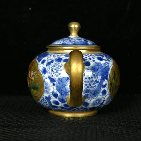 5.5" Antique dynasty Porcelain qianlong mark colour enamels flowers bird Teapot