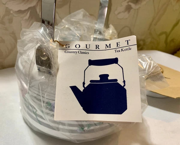 Gailstyn-Sutton Enameled Teapot Tea Kettle Floral Design w Gray Lines 1985 - NOS