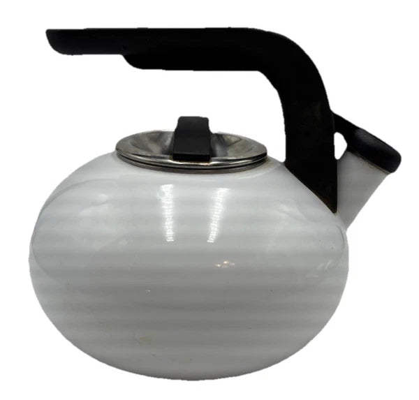 Kitchen Aid Tea Pot Whistling White Enamel Kettle Black Handle Chrome Trim