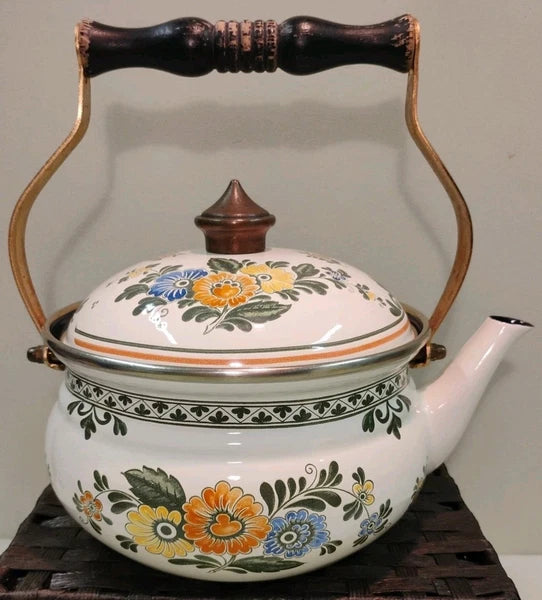 ASTA White Floral Enamelware Old Amsterdam 8.5” Dutch Oven & Teapot PRISTINE!!!