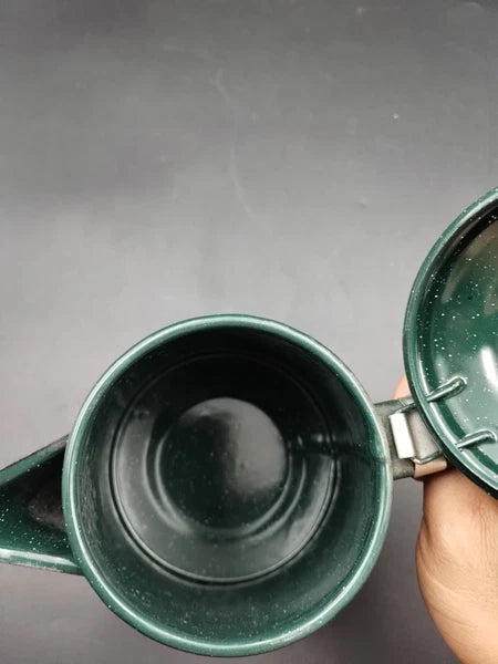 ENAMEL SPECKLE WARE TEAPOT GREEN COW GRAPHICS  8" TALL  5" ACROSS THE BOTTOM