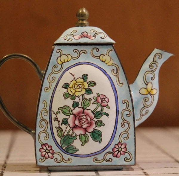 Enamel on Copper Miniature Teapot White & Blue Floral Petite abt 3.5" tall