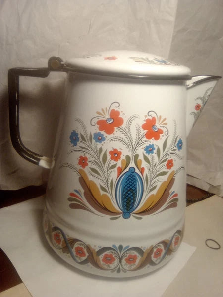 BERGGREN  vintage  enamel DANISH FLORAL TEA COFFEE POT 1960s flowers