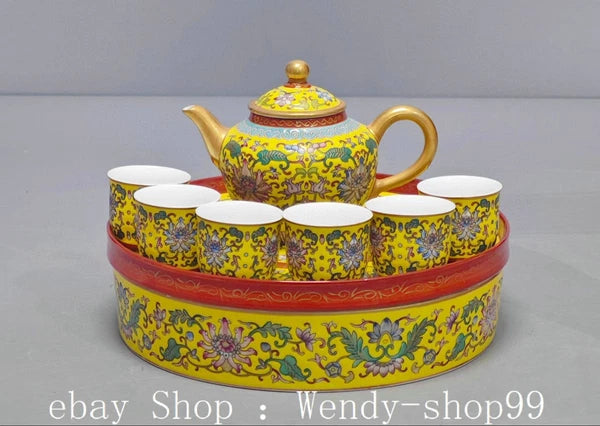 8.6" YongZheng Colour Enamel Porcelain Gilt  Flower Pattern Teapot Cup Dish Set