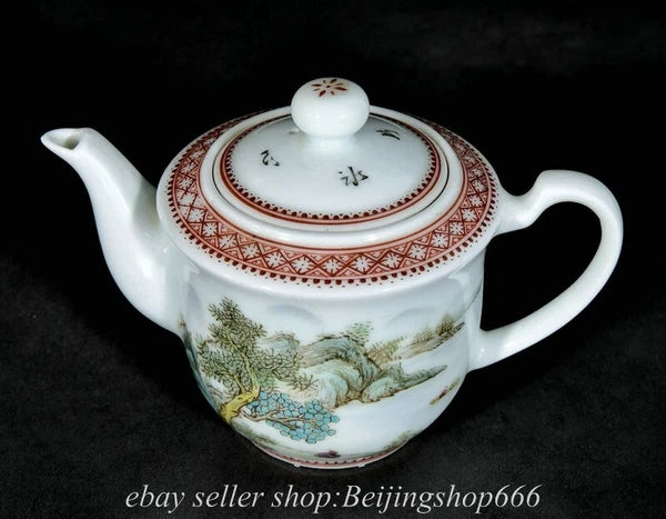 6" Old Chinese Enamel Porcelain Dynasty Landscape Mountain Tree Tea Pot Kettle