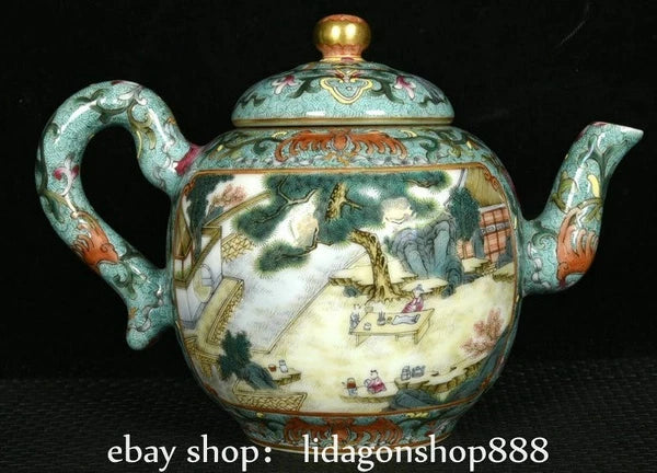 8.2" Qianlong Marked Enamel Porcelain landscape Tree Words Pattern Wine Tea Pot