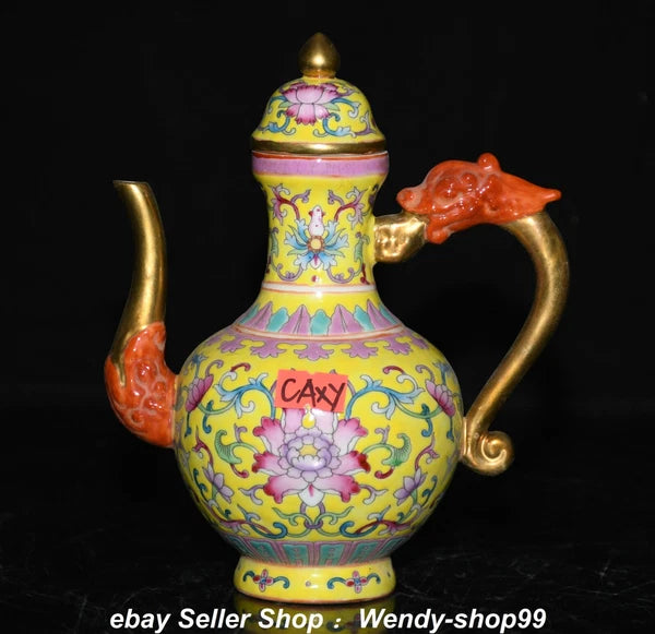 7" Qianlong Enamel Color Porcelain Gilt Dragon Beast Flower Wine Pot Teapot