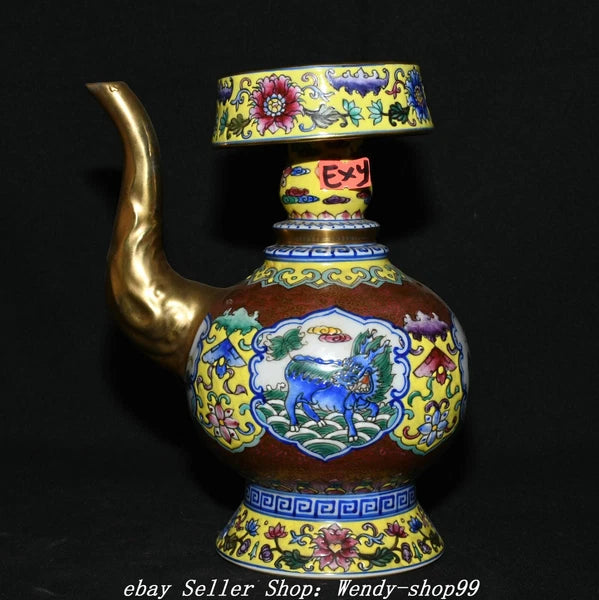 8" Qianlong Colour Enamel Porcelain Gilt Dragon Qilin Lotus Wine Tea Pot Flagon