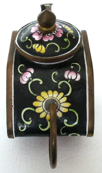 ASIAN~Mini~ENAMEL PAINTED~Floral~HEXAGON~Lidd~Tea Pot~COLLECTIBLE~4.5"x1.75"x3"
