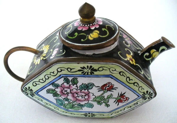 ASIAN~Mini~ENAMEL PAINTED~Floral~HEXAGON~Lidd~Tea Pot~COLLECTIBLE~4.5"x1.75"x3"