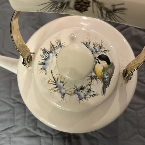 Lenox Winter Greetings Scenic Enamel Tea Kettle Cardinals Chickadee Holiday