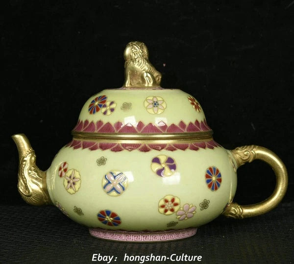 Old Qing Enamel Colour Porcelain Gold Foo Fu Dog Lion Elephant Teapot Teakettle