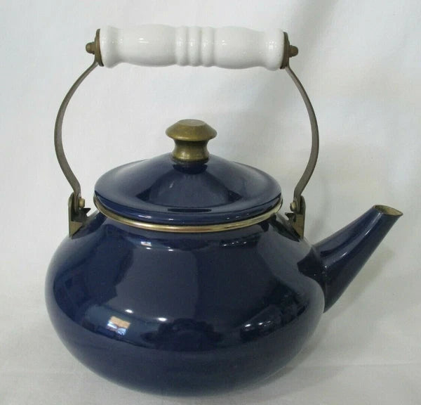 Cobalt Blue Enamel Brass White Porcelain Vintage Tea Kettle w/Lid GUC No Whistle