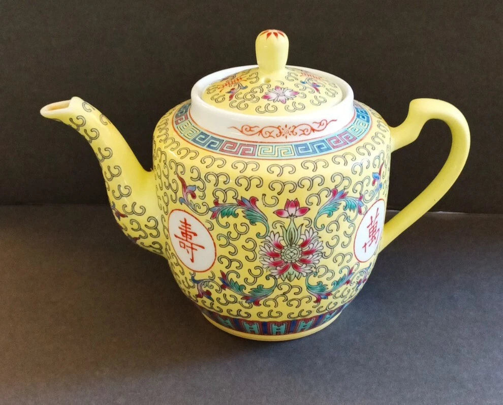Vintage Famille Jaune HP Enamel Porcelain Chinese Longevity Mun Shou Teapot | eBay