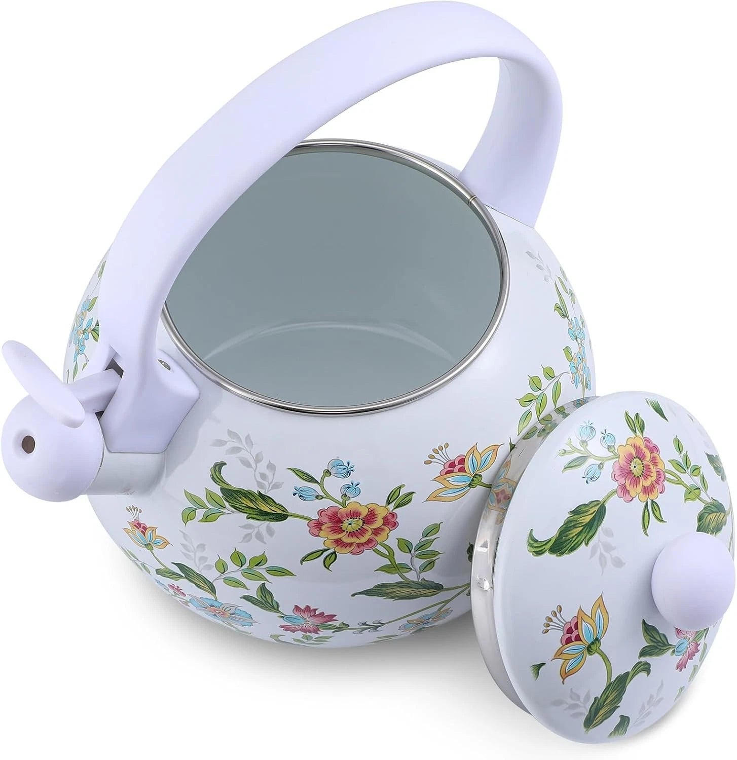 2.3Qt Vintage Enamel Whistling Tea Kettle, Floral Teapot for Stove Top