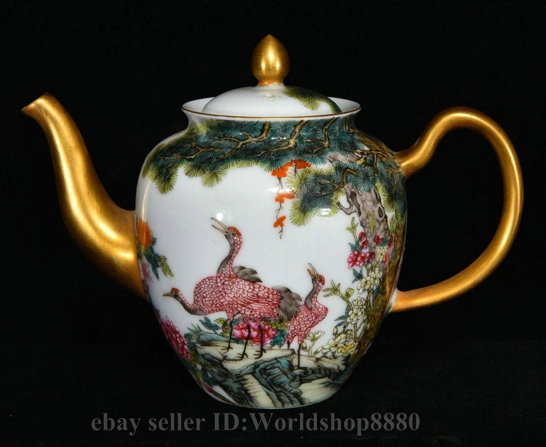 6.4"Yongzheng Marked Enamel Porcelain Gilt Flower Birds Tree Pattern Wine Teapot