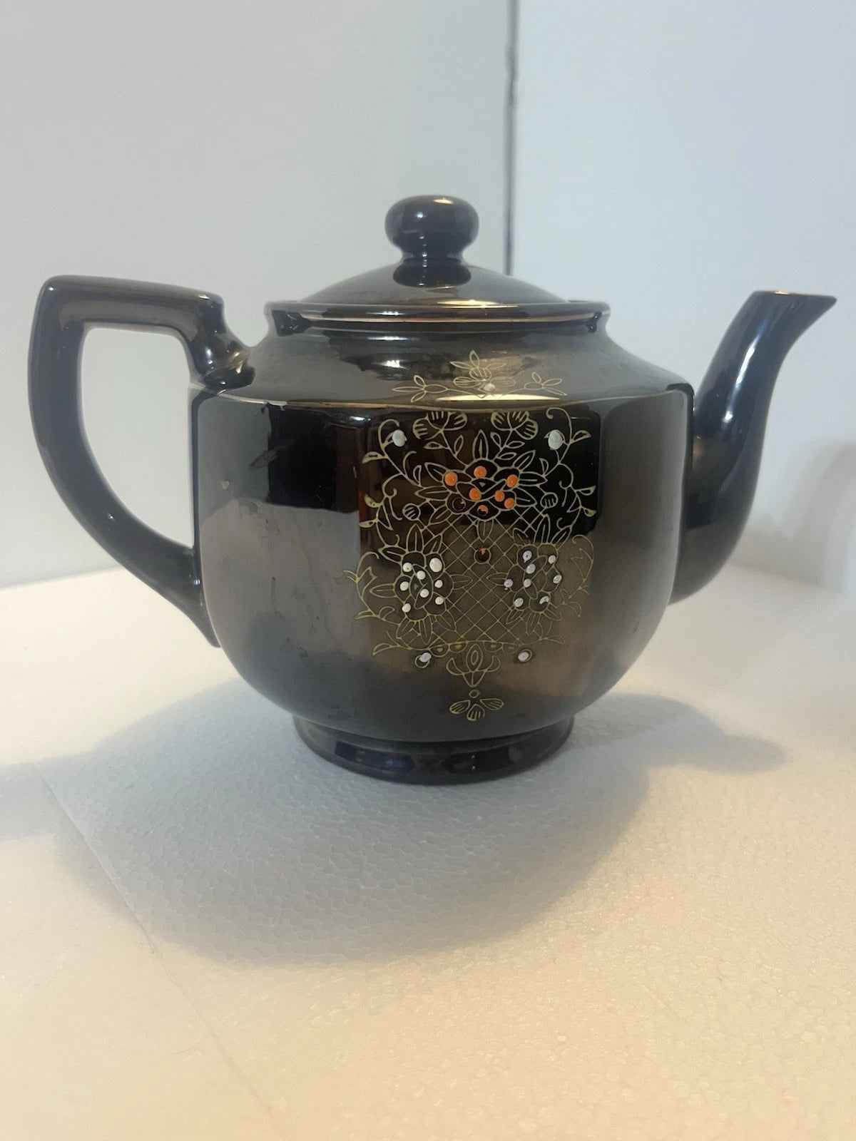 Vintage Japanese Teapot W/Lid Black & Gold Enamel Hand Painted 6 X 8.5 Teapot