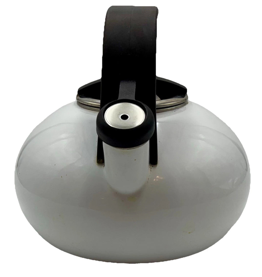 Kitchen Aid Tea Pot Whistling White Enamel Kettle Black Handle Chrome Trim