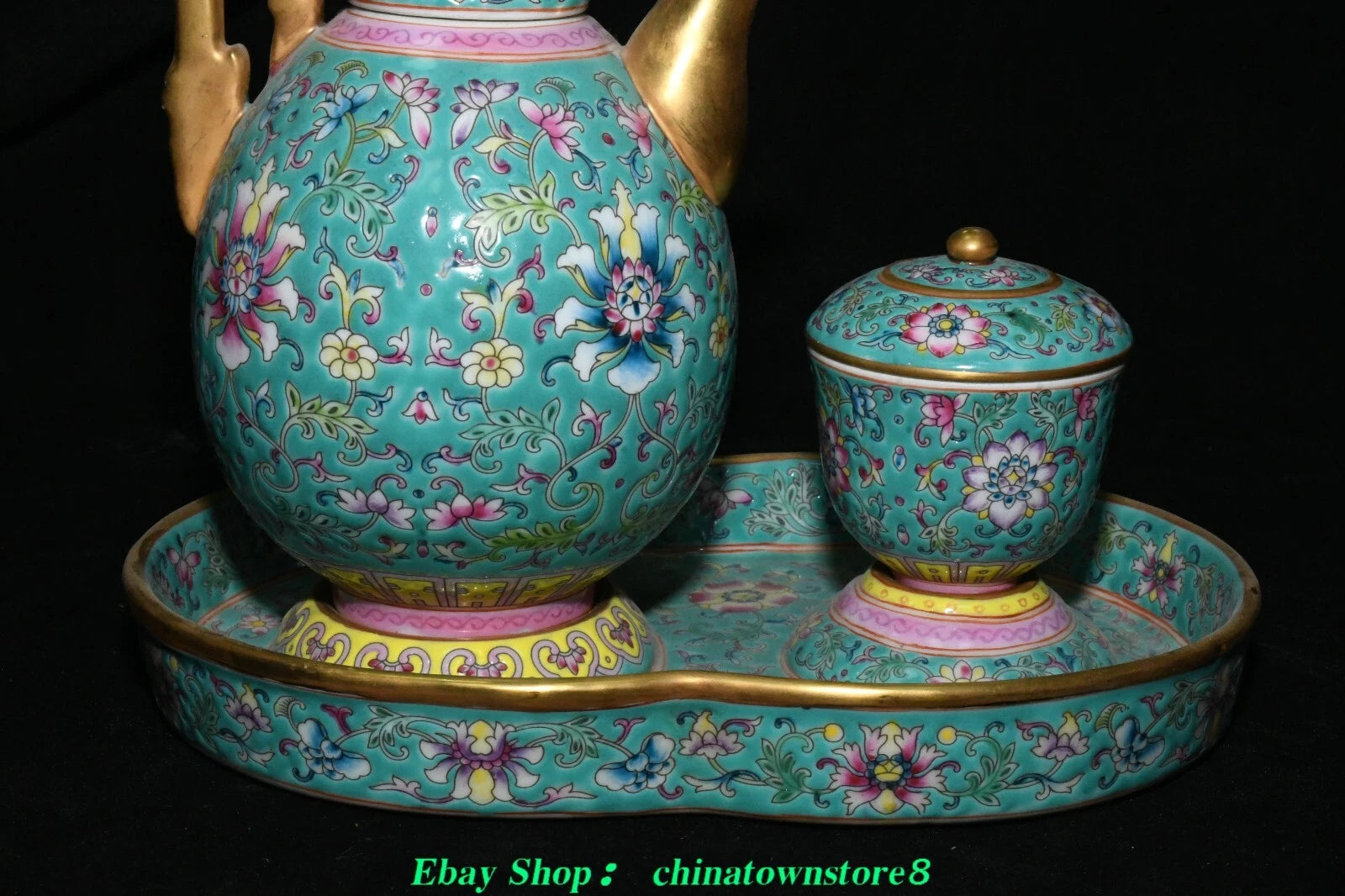 Old Qing Dynasty Enamel Colour Porcelain Gilt Flower Wine Tea Pot Flagon Set