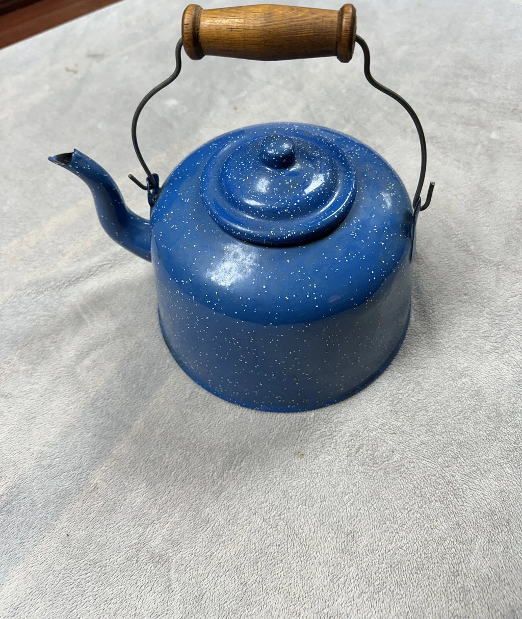 Vintage Teapot Blue and White Speckled Enamel w/ Wood Handle Tea Kettle 10" x 9"