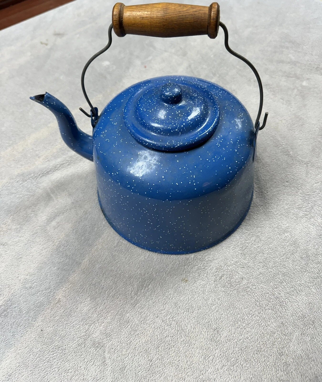 Vintage Teapot Blue and White Speckled Enamel w/ Wood Handle Tea Kettle 10" x 9"