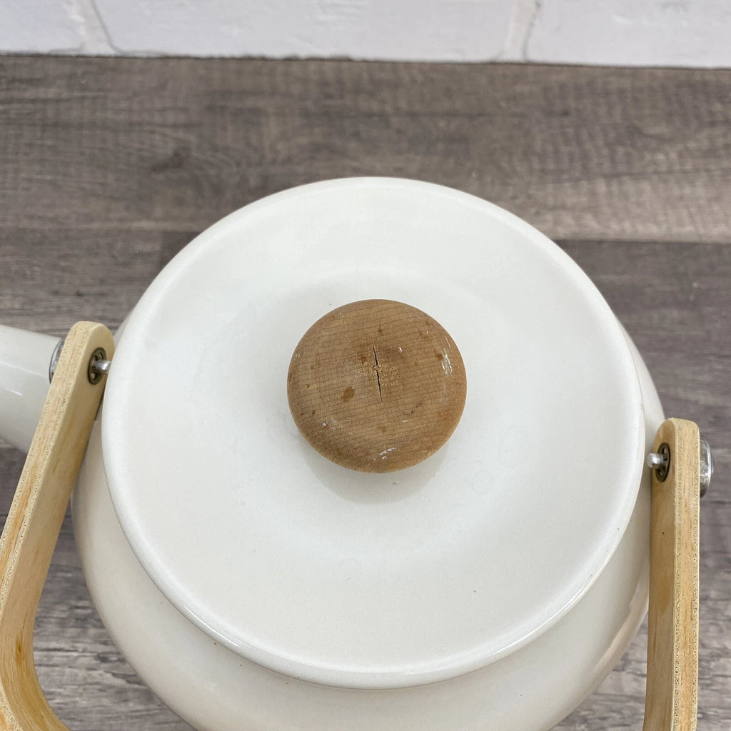 Vintage Beige Enamel Ware Mom Tea Pot Kettle Wood Handle Retro MCM Mother’s Day