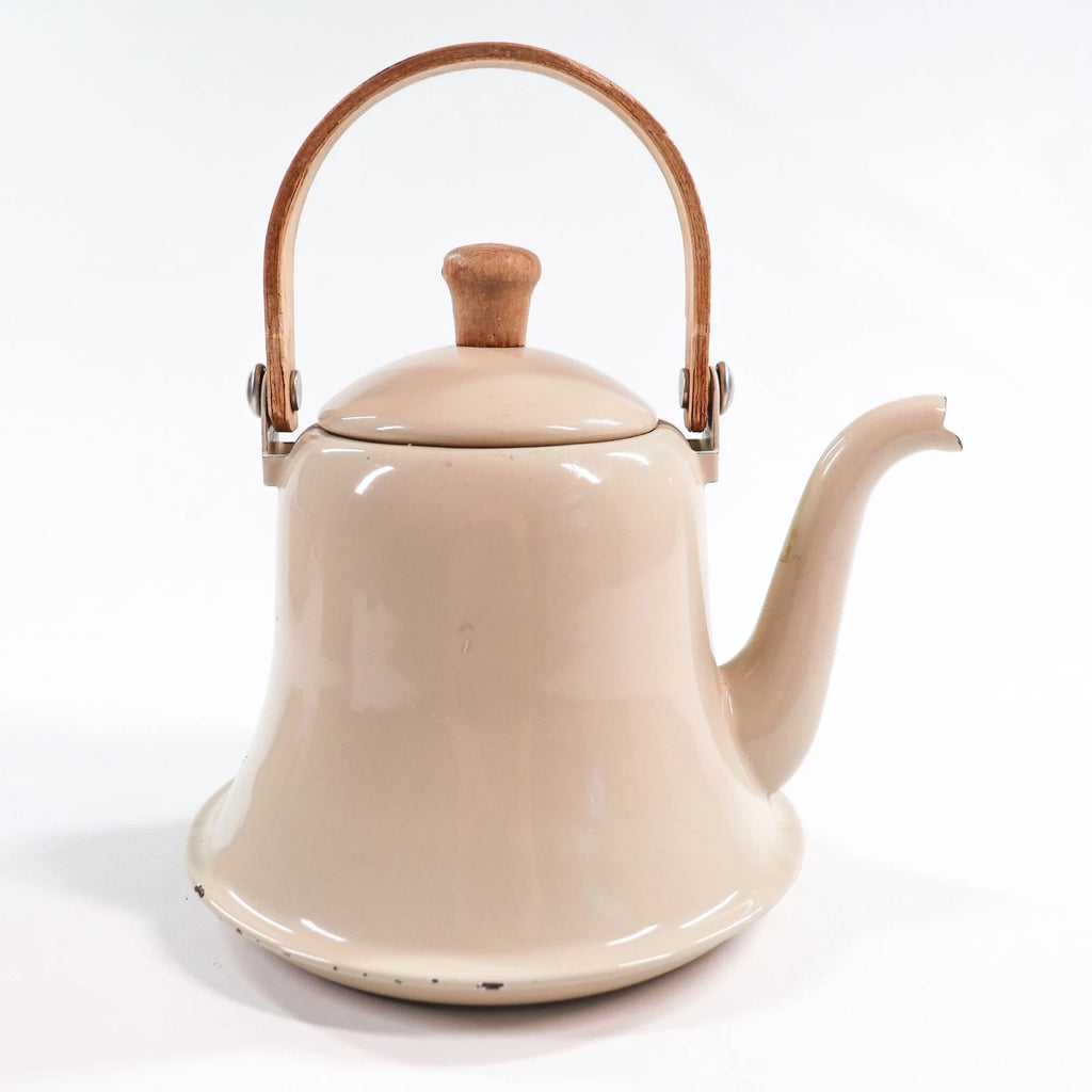 Vtg French Enamel Bell Tea Kettle Pot Teapot Cream Wood Handle Metal Enamelware | eBay
