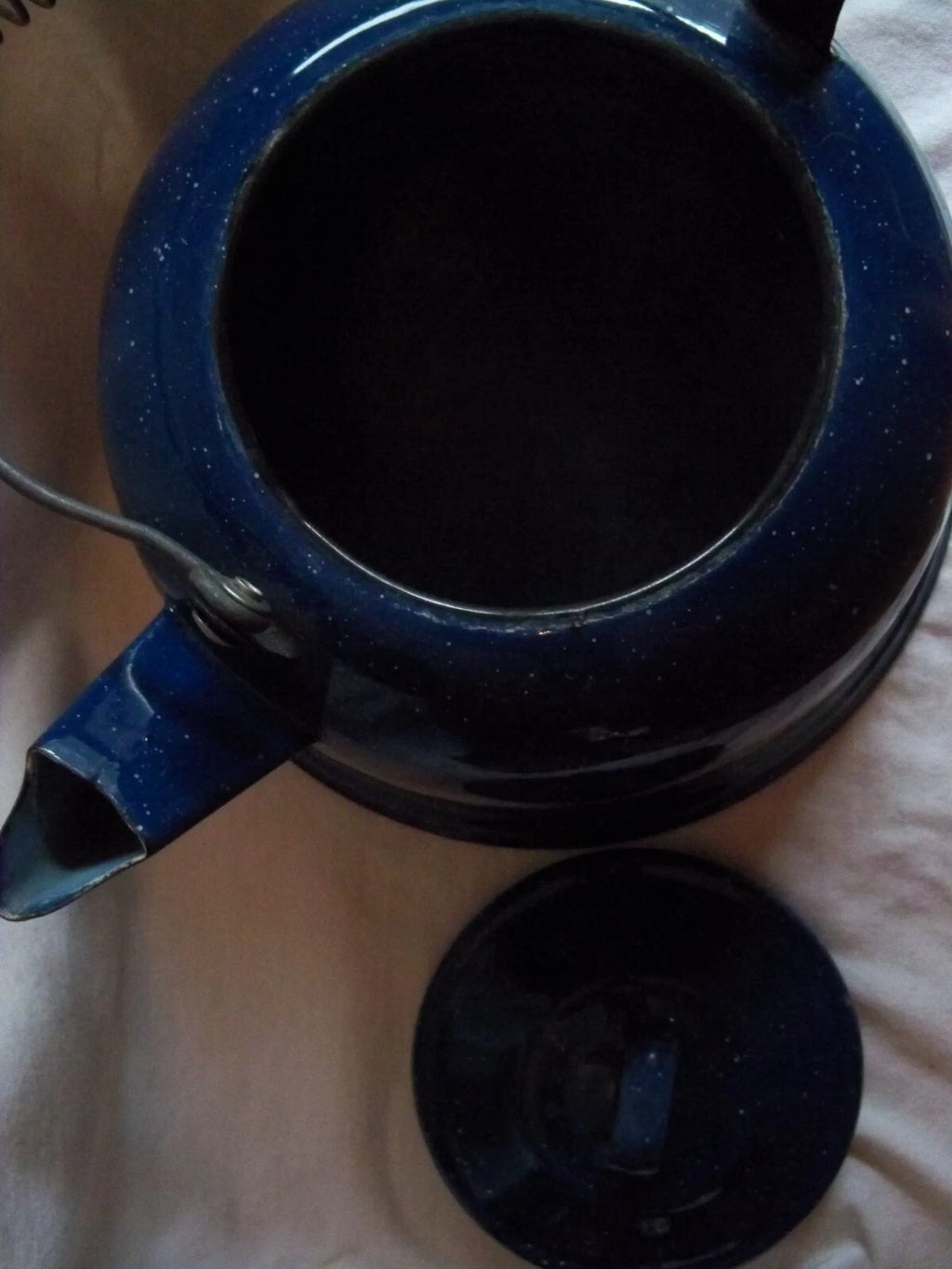 Vtg Blue White Speckled Enamelware Teapot kettle, wire wrap handle, from auction