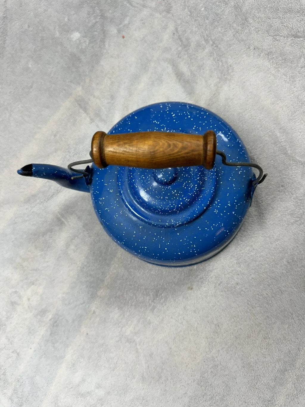 Vintage Teapot Blue and White Speckled Enamel w/ Wood Handle Tea Kettle 10" x 9"