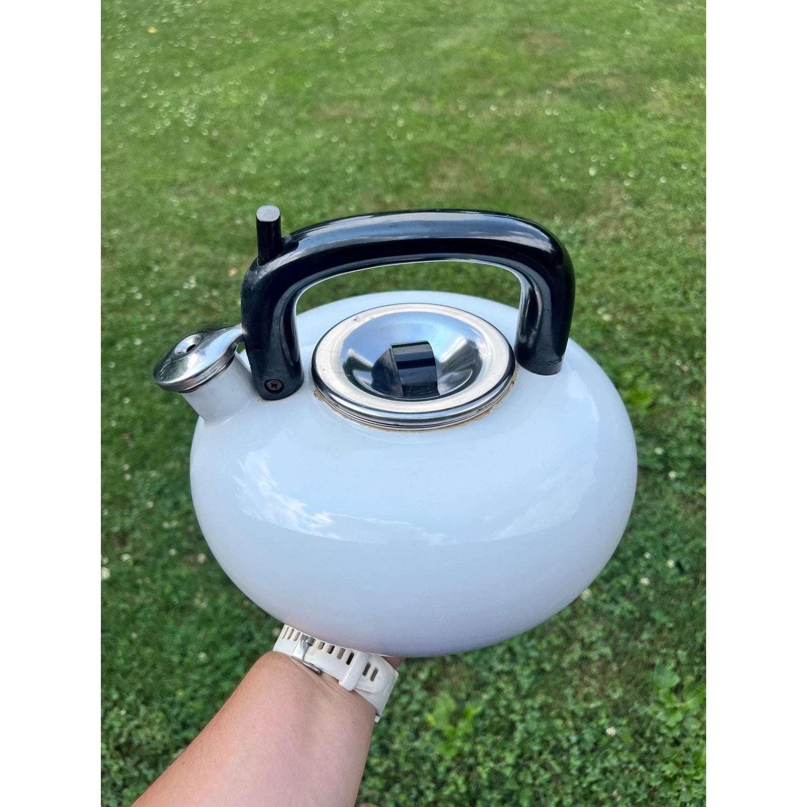 Vtg White Enamel Tea Kettle Stovetop Teapot with Whistle Modern Kitchen As Is | eBay