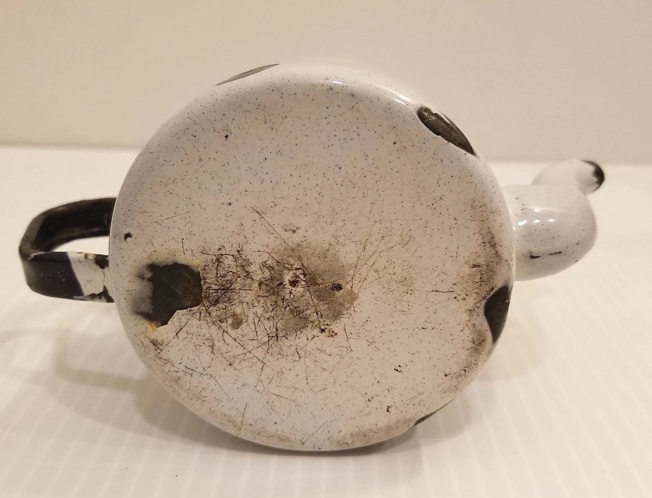 White with Speckles Small Individual Service Size Enamel Tea Pot, Black Handle