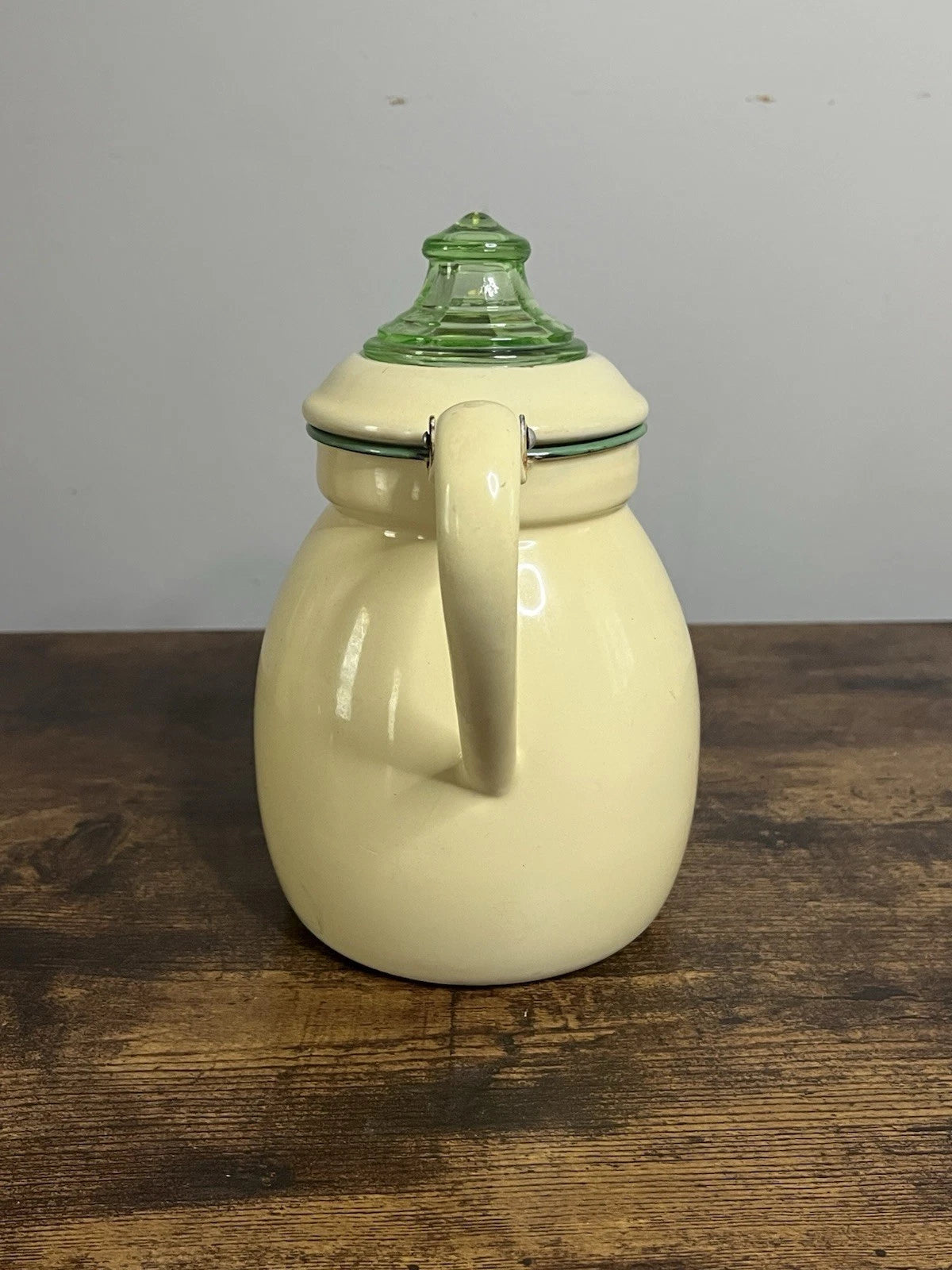 Vintage Enamelware Coffee Tea Pot Cream with Green Trim Uranium Glass Top | eBay