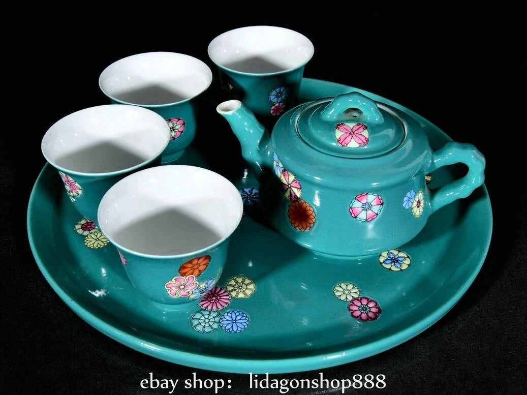 10.3" Yongzheng Marked Enamel Blue Porcelain Flower Pattern Teapot Cup Plate Set | eBay