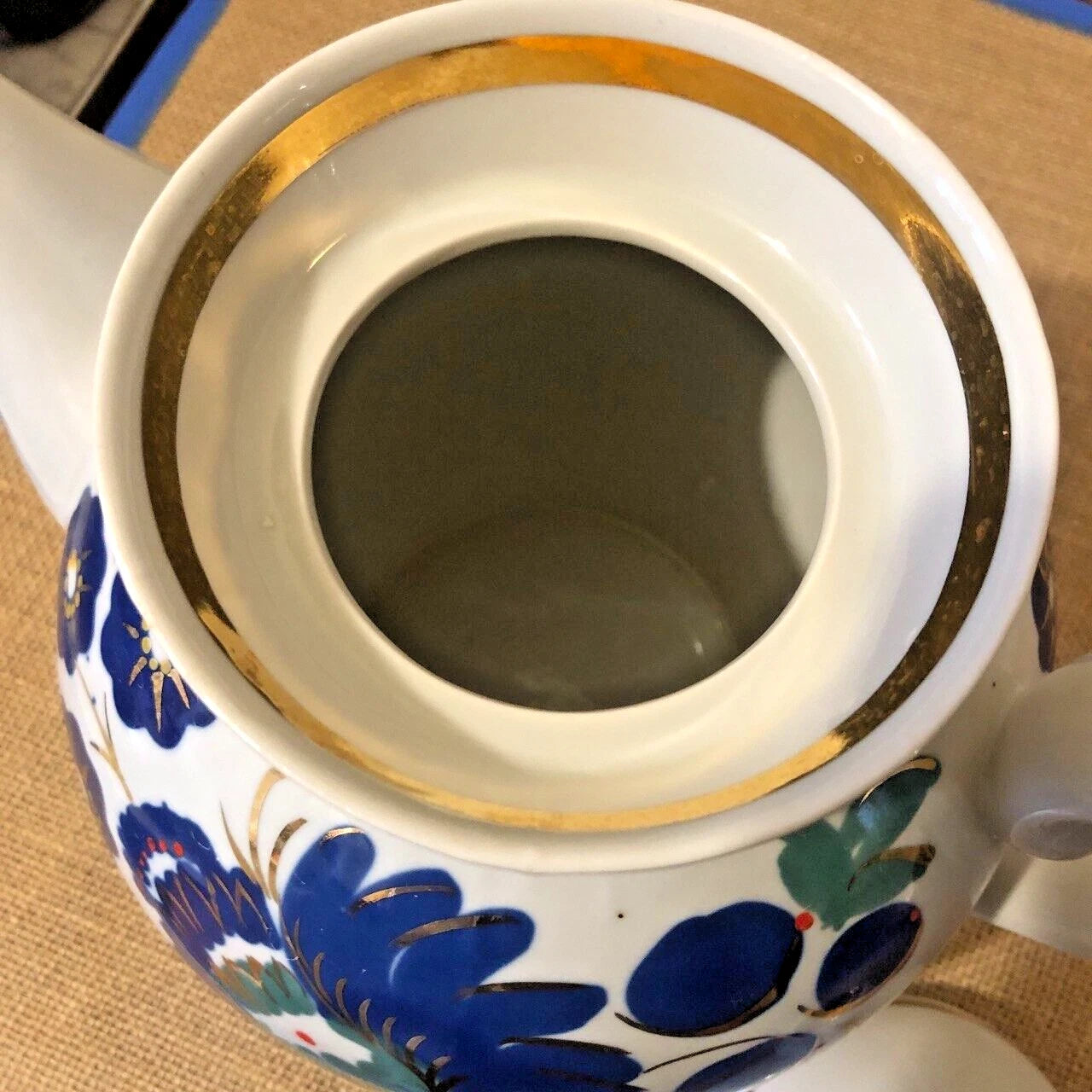 Vintage Gorodnitsa Russian USSR Ceramic Porcelain Teapot Floral Gold Enamel