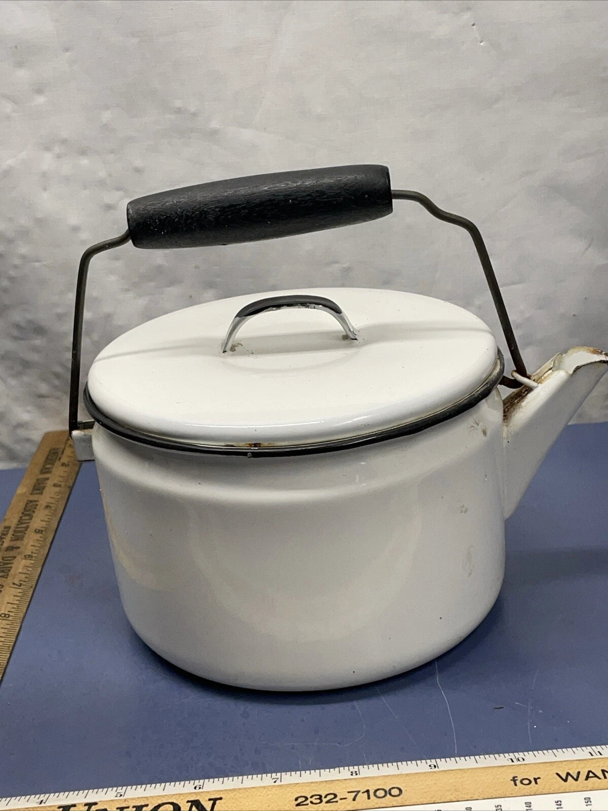 Vintage Enamel Wood Handle Tea Pot/Tea Kettle in White with Black | eBay