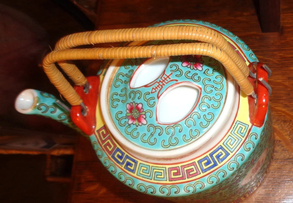 Vtg Chinese Porcelain Famille Verde Enamel Floral Motif Teapot, 6 1/2" W/O Handl