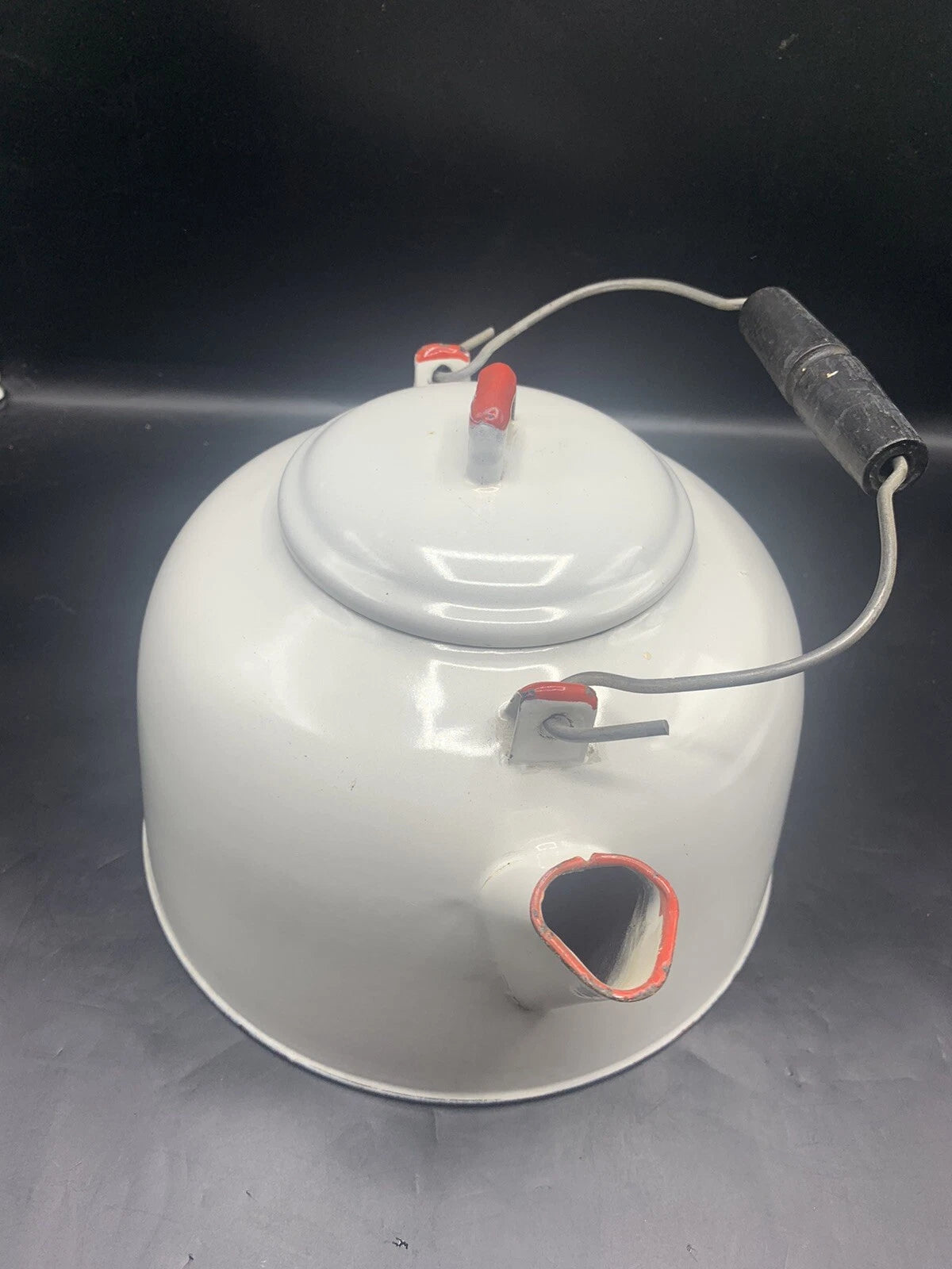 Vintage Large White Red Enamel TeaPot Water Kettle Wood Handle 9” Bottom | eBay