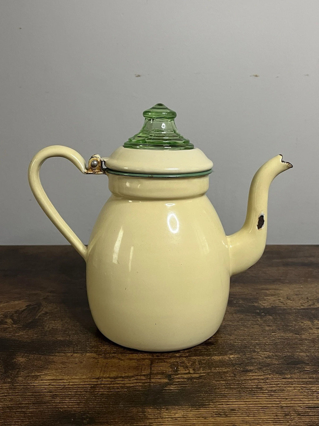 Vintage Enamelware Coffee Tea Pot Cream with Green Trim Uranium Glass Top | eBay