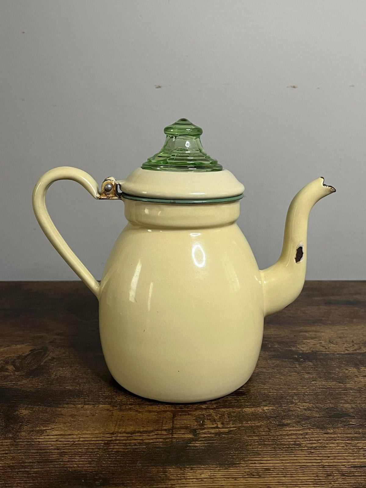 Vintage Enamelware Coffee Tea Pot Cream with Green Trim Uranium Glass Top | eBay