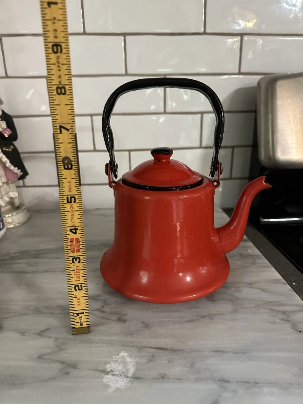 Vintage MCM Red Baked Enamel Tea Kettle with Black Handle Tea Pot Japan Rustic