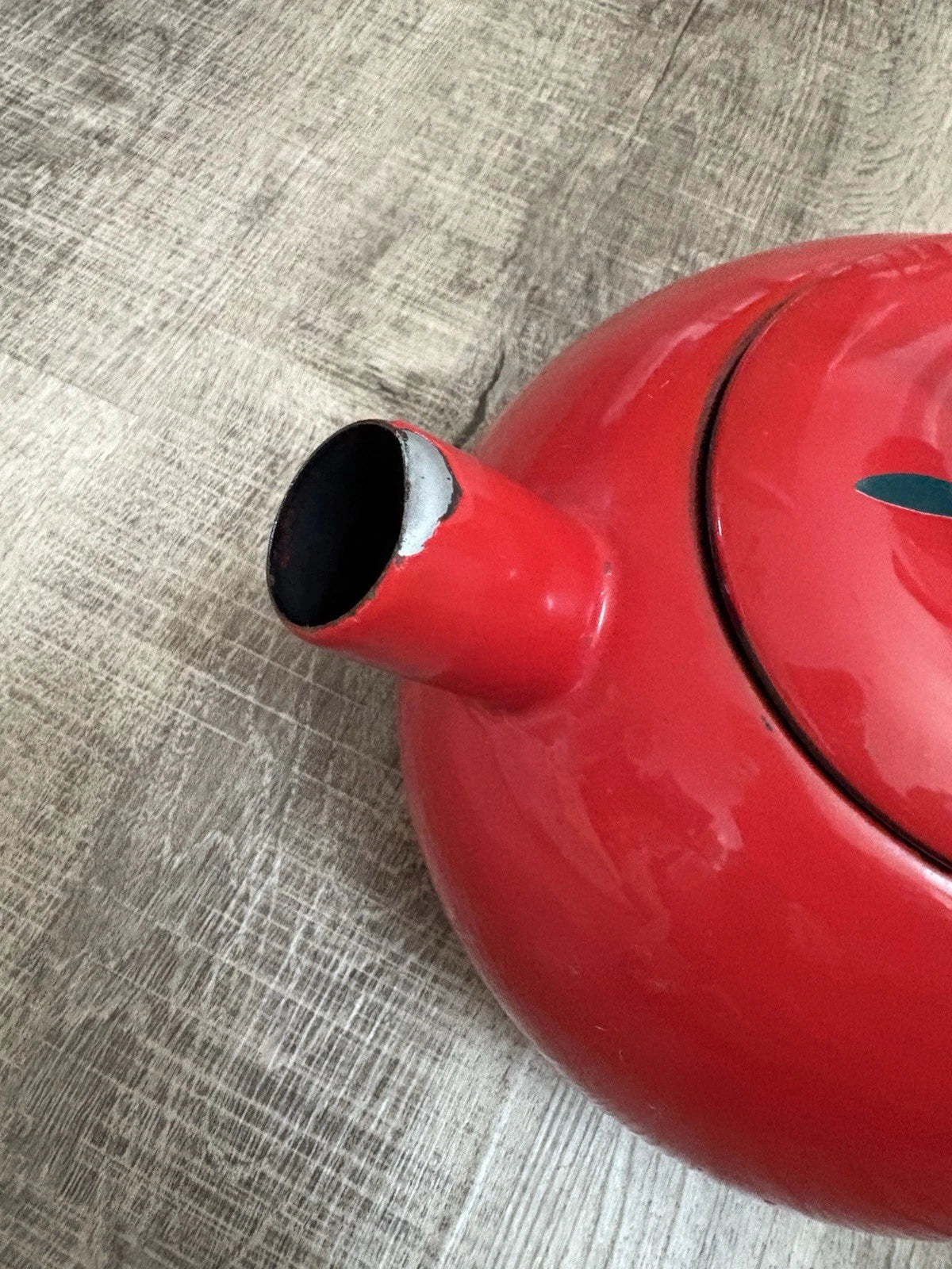 Vintage Copco Red Enamel Tomato Teapot/ Kettle With Green Leaf And Stem