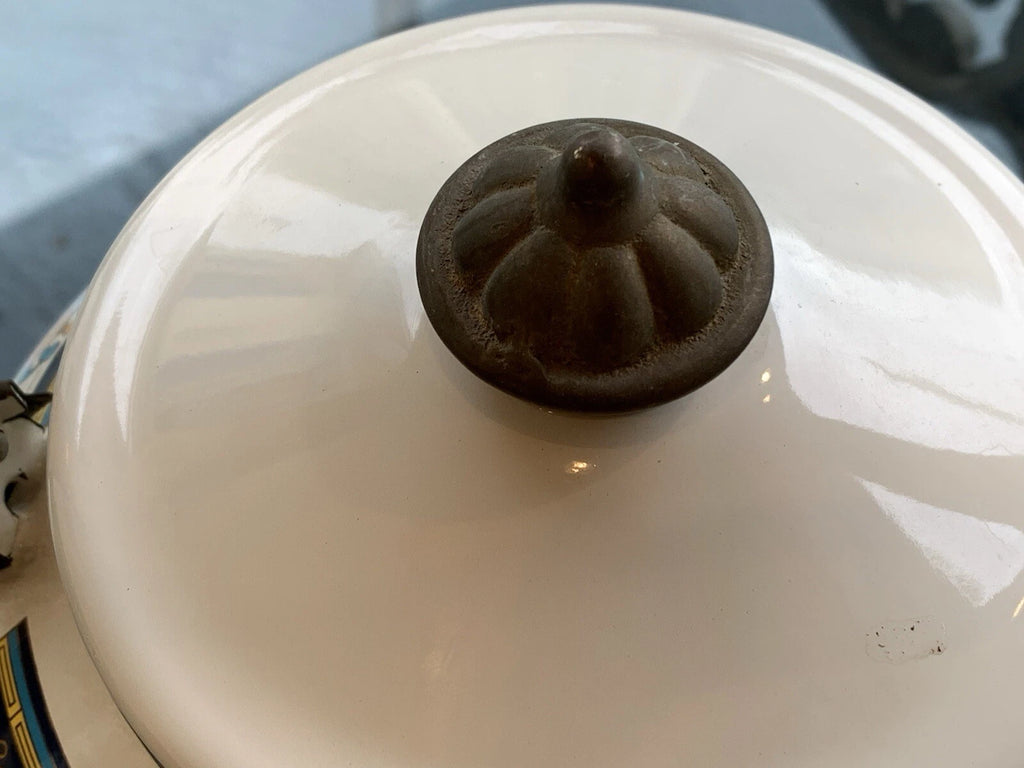 Vintage Lincoware Off White Enamel Metal Flower Motif Teapot Kettle Brass Handle