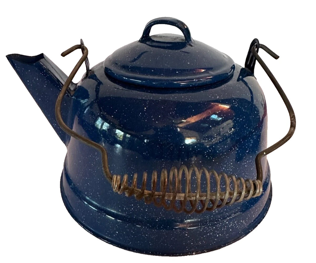 Vtg Blue w-White Speckled Enamelware Teapot Kettle w-Wire Wrap Coil Handle