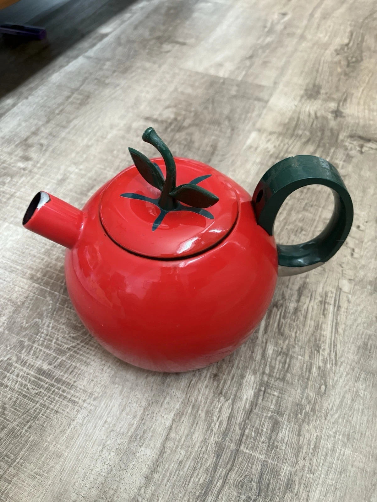 Vintage Copco Red Enamel Tomato Teapot/ Kettle With Green Leaf And Stem