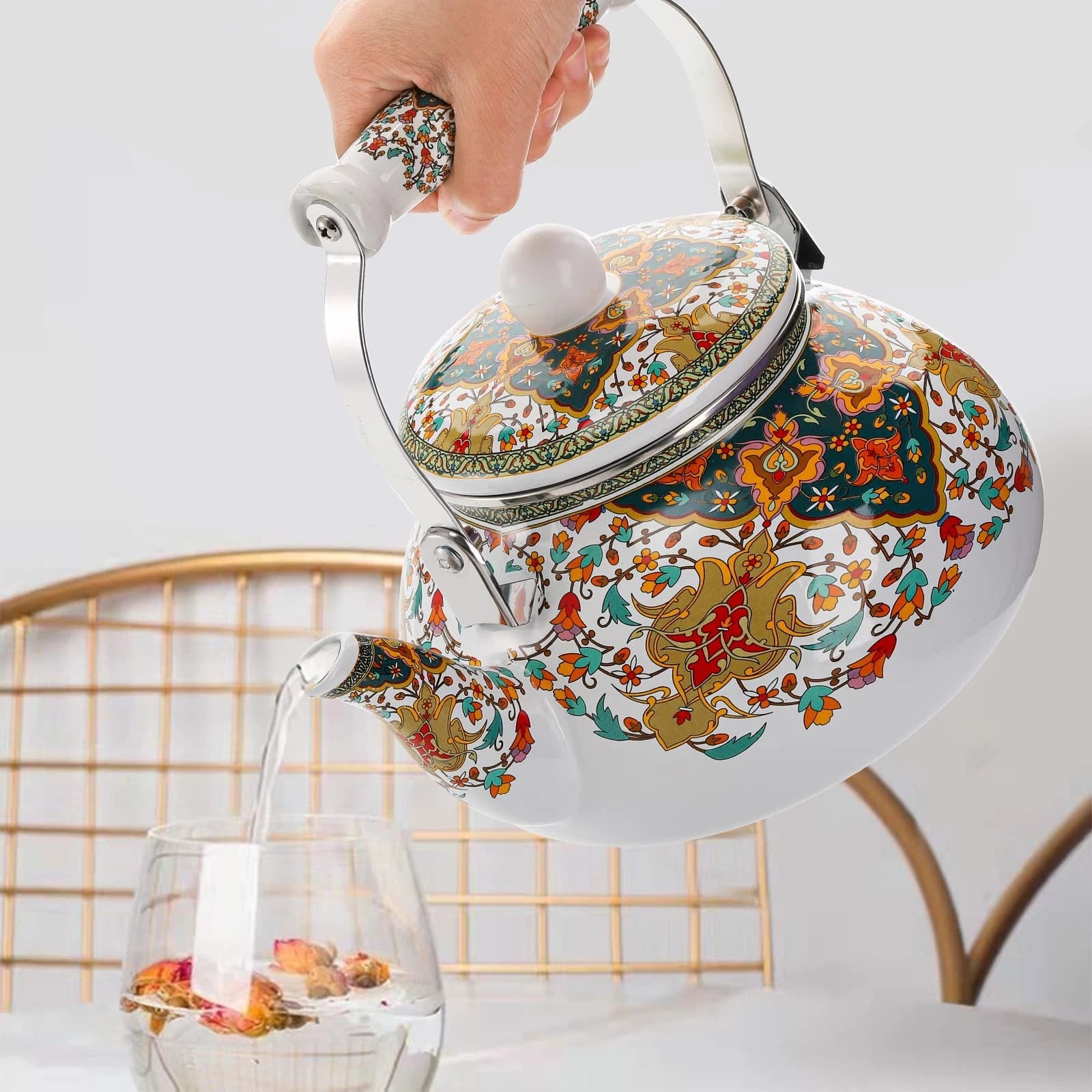 2.6 Quart Enamel Tea Kettle Stovetop, Vintage Anti Rust Teapot Enameled Teake...