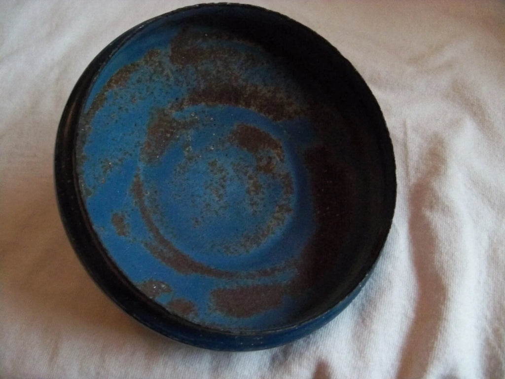 Vtg Blue White Speckled Enamelware Teapot kettle, wire wrap handle, from auction