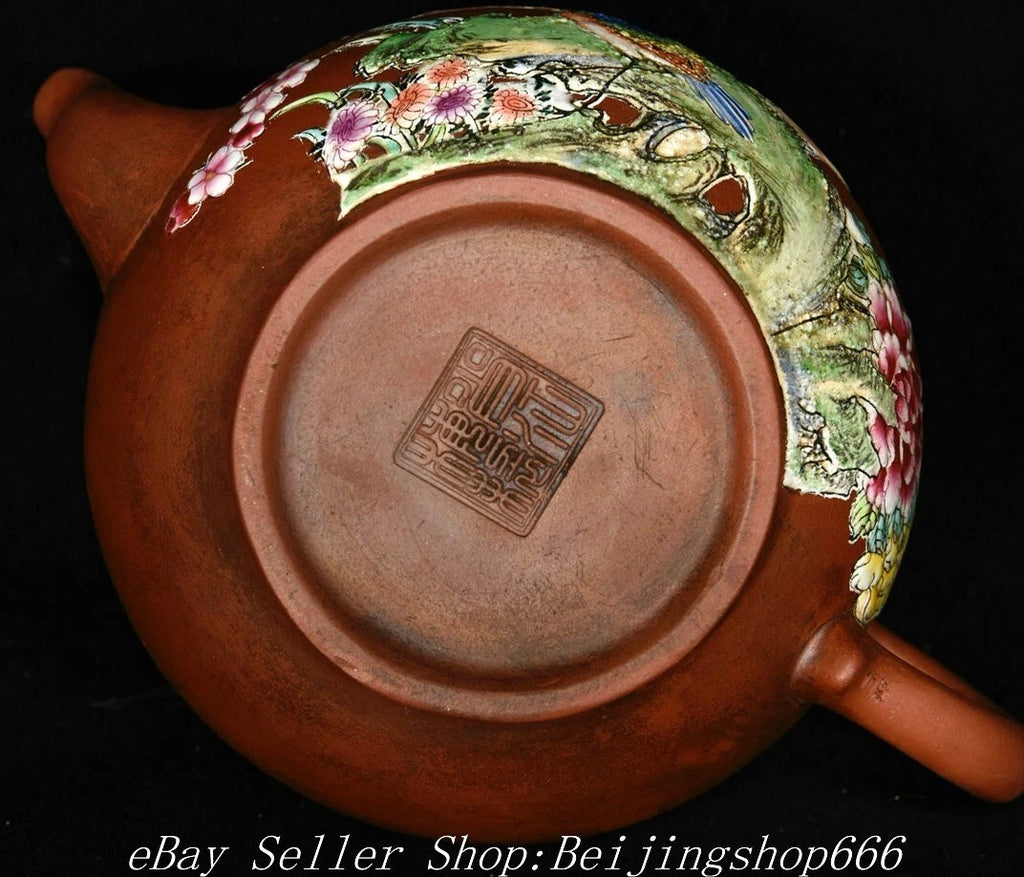 6.4" Marked Chinese Zisha Colour enamels Porcelain Flower Handle Kettle Teapot