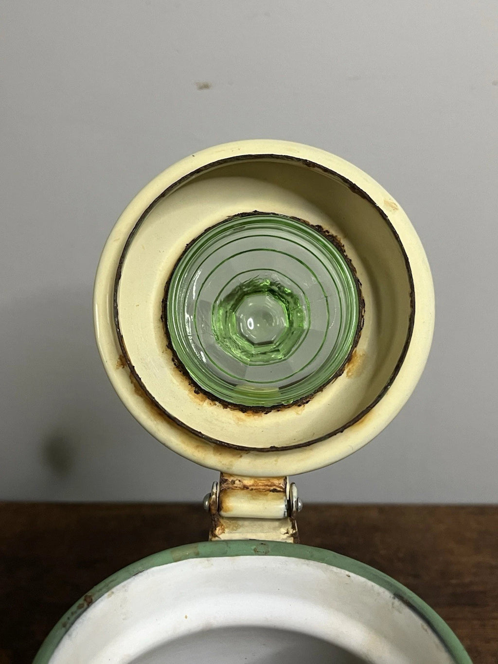 Vintage Enamelware Coffee Tea Pot Cream with Green Trim Uranium Glass Top | eBay